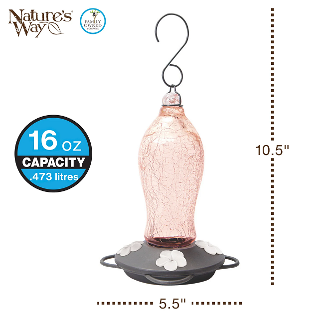 Nature's Way Blush Crackle Artisan Glass Gravity Hummingbird Feeder