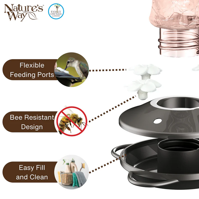 Nature's Way Blush Crackle Artisan Glass Gravity Hummingbird Feeder