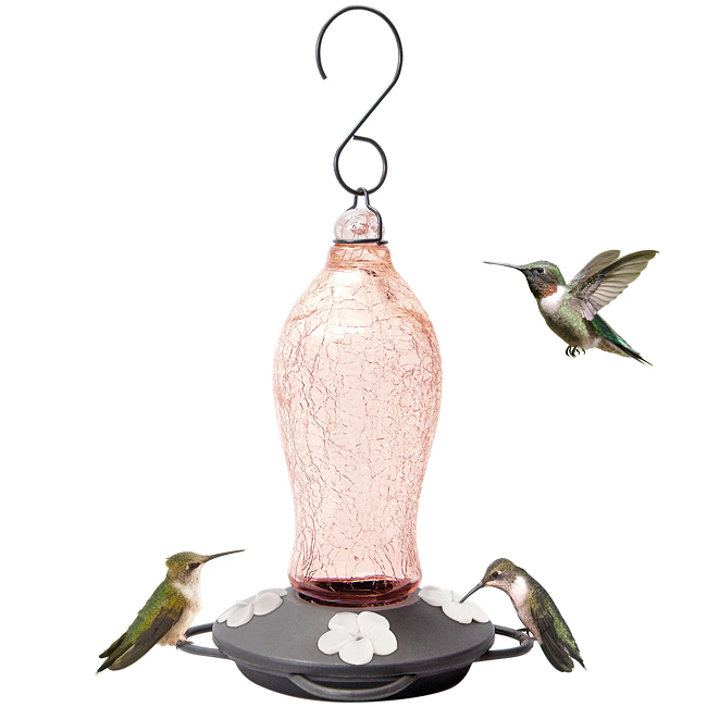 Nature's Way Blush Crackle Artisan Glass Gravity Hummingbird Feeder