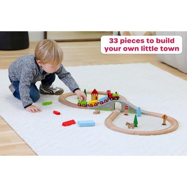 Jasey's Toy Chest 33-Piece Wooden Little Town Train Adventure Set