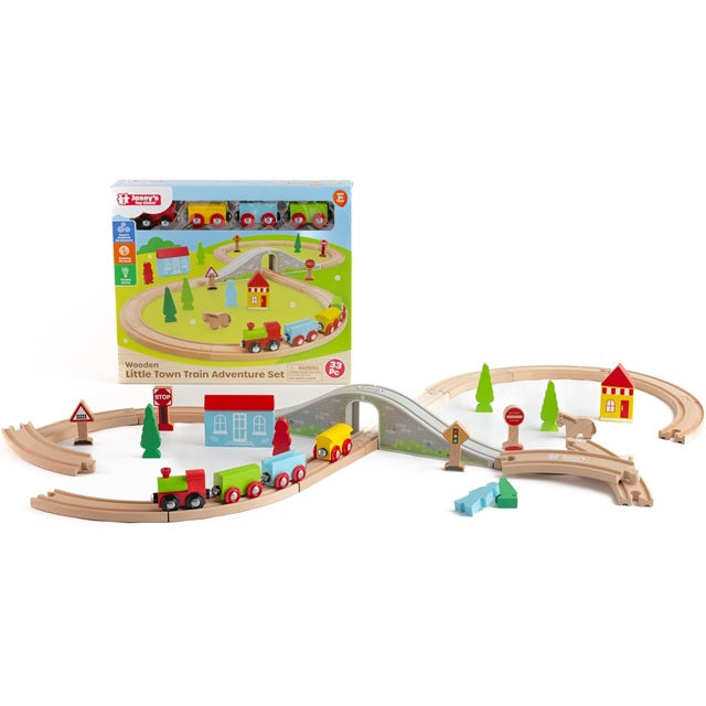 Jasey's Toy Chest 33-Piece Wooden Little Town Train Adventure Set
