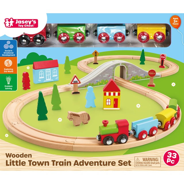 Jasey's Toy Chest 33-Piece Wooden Little Town Train Adventure Set