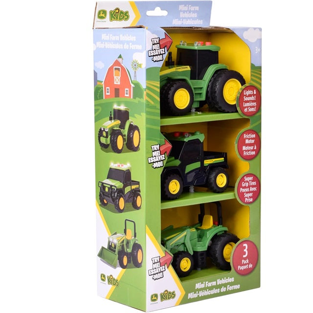 John Deere 3-Pack Mini Farm Vehicles with Lights, Sounds & Friction Rev Motor