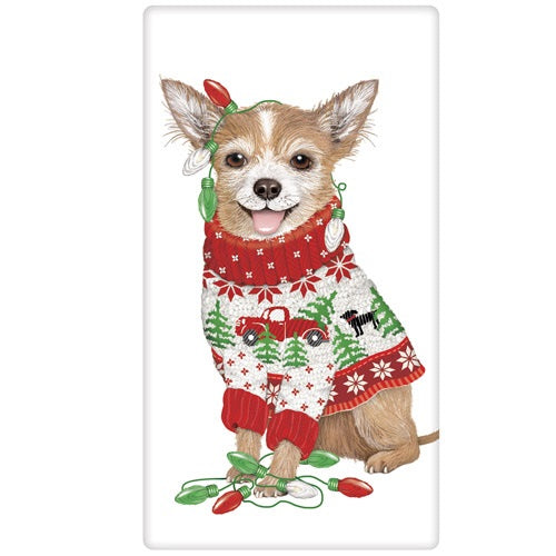 Chihuahua in Christmas Sweater Printed Tea Towel