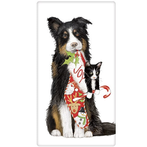Collie with Black Cat in Stocking Printed Tea Towel