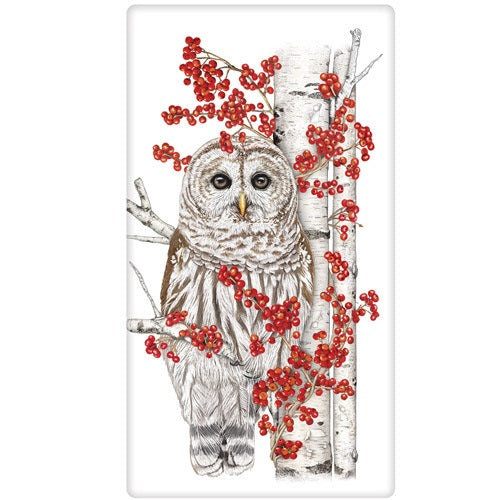 Winter Birch Berry Owl Printed Tea Towel
