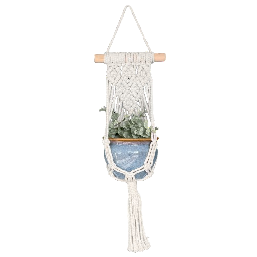 blue macrame plant hanger Box Set: Pattern Single Macramé Plant Hanger & Sky Blue Ceramic Pot