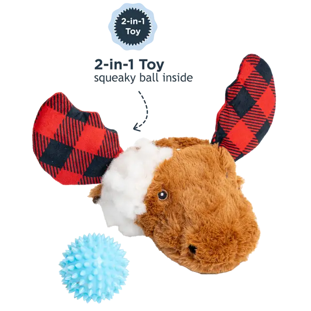 Tall Tails 2-in-1 Red Antler Moose Head Fetch Ball Dog Toy