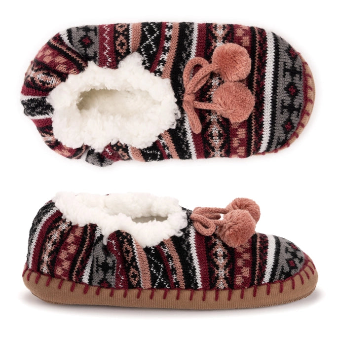 MUK LUKS Women's Pom Ballerina Slippers, Red & Black