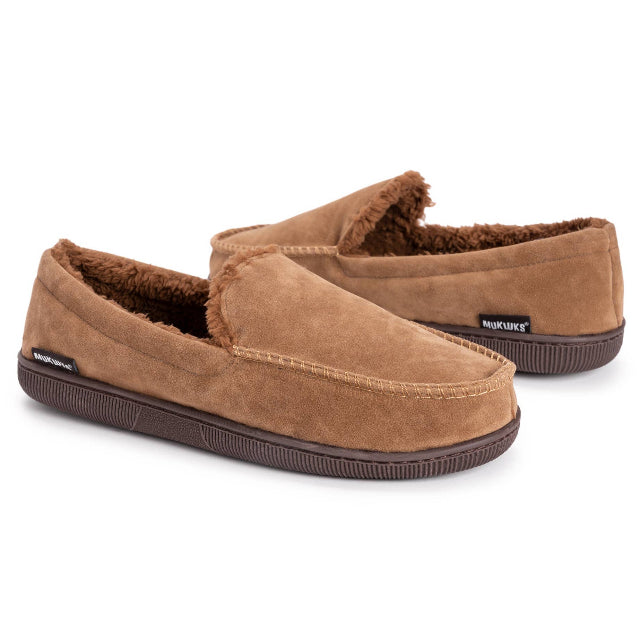 MUK LUKS Men's Faux Suede Moccasin Slippers, Camel