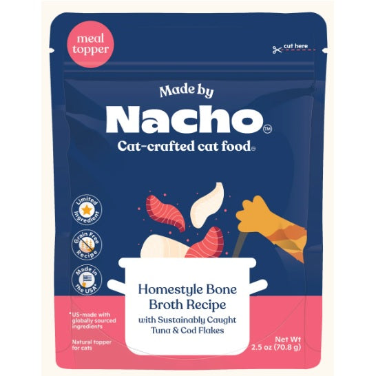 Made by Nacho, Homestyle Bone Broth with Sustainably Caught Tuna and Cod Flakes - Case of 24, 2.5oz Pouches