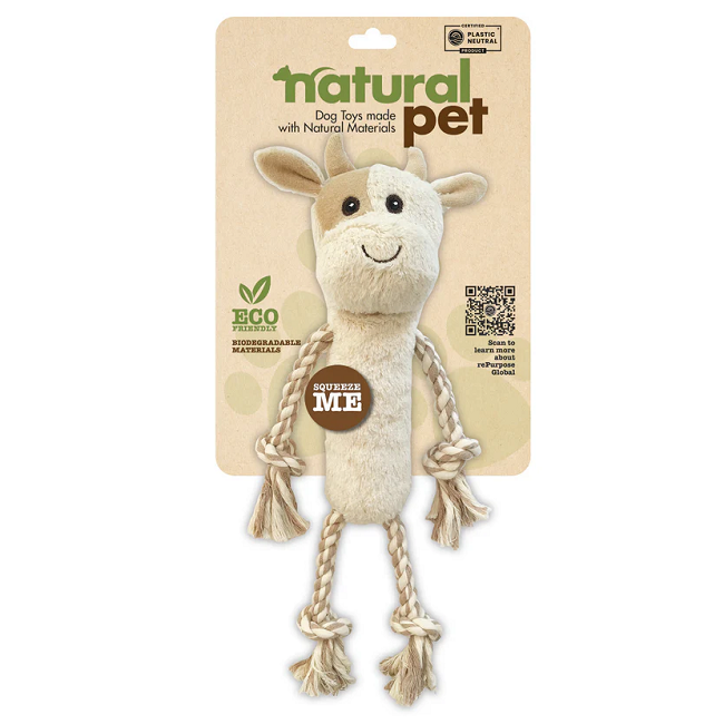 Natural Pet Plush Cow with Rope Dog Toy