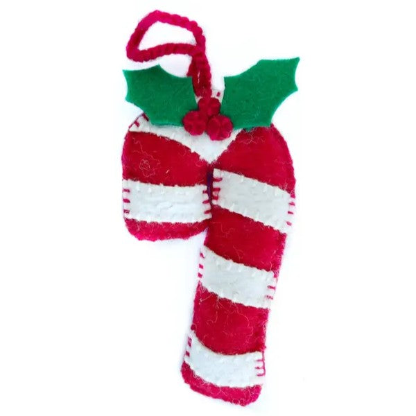 Candy Cane with Holly Embroidered Wool Ornament