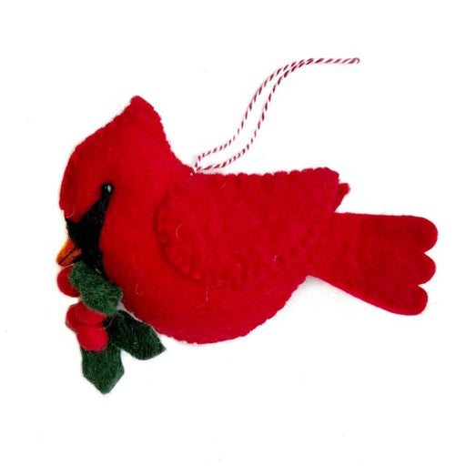 Cardinal with Holly Ornament Felt Wool Ornament
