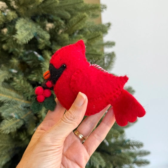 Cardinal with Holly Ornament Felt Wool Ornament