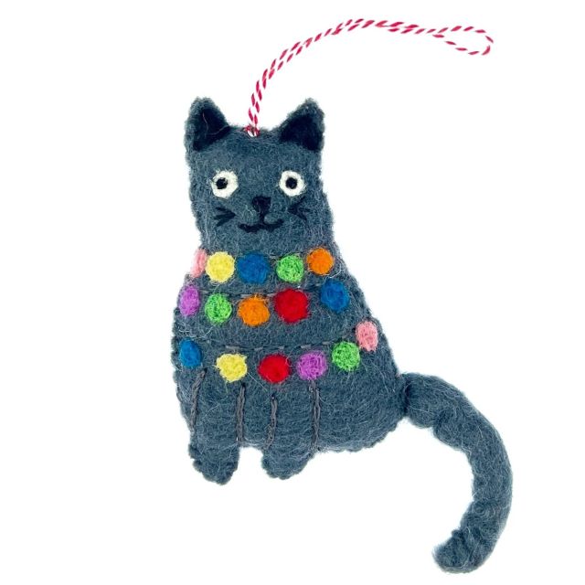 Cat Tangled in Lights Felt Wool Ornament