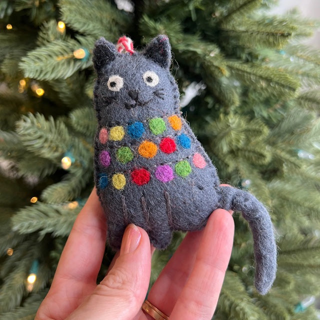 Cat Tangled in Lights Felt Wool Ornament