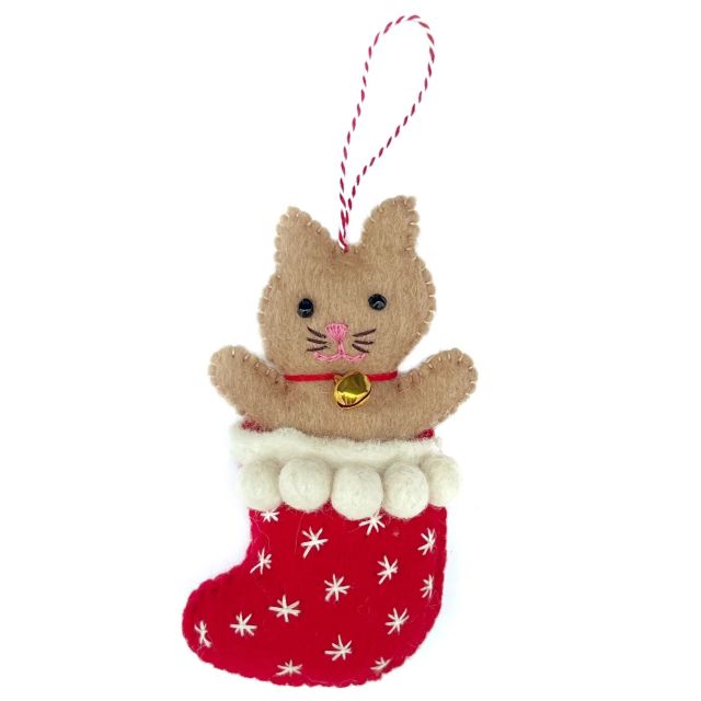 Cat in Stocking Felt Wool Ornament
