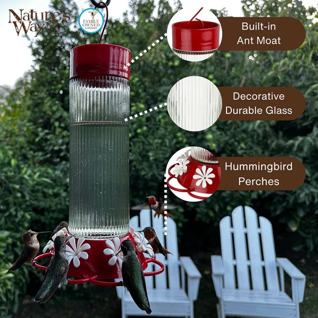 Nature's Way Ribbed Rose Glass Gravity Hummingbird Feeder