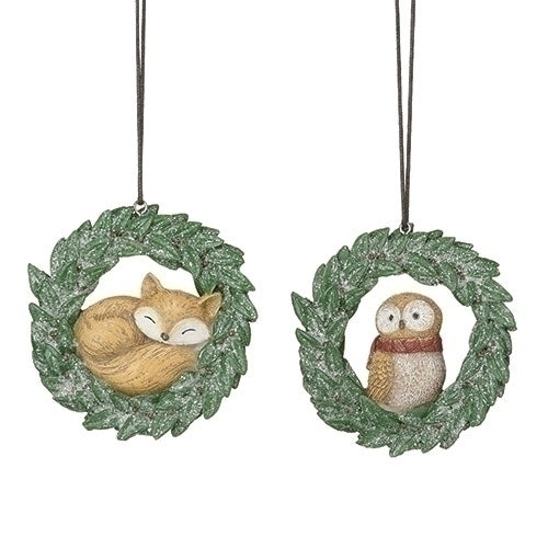 Woodland Fox/Owl Wreath Resin Ornament, Assorted