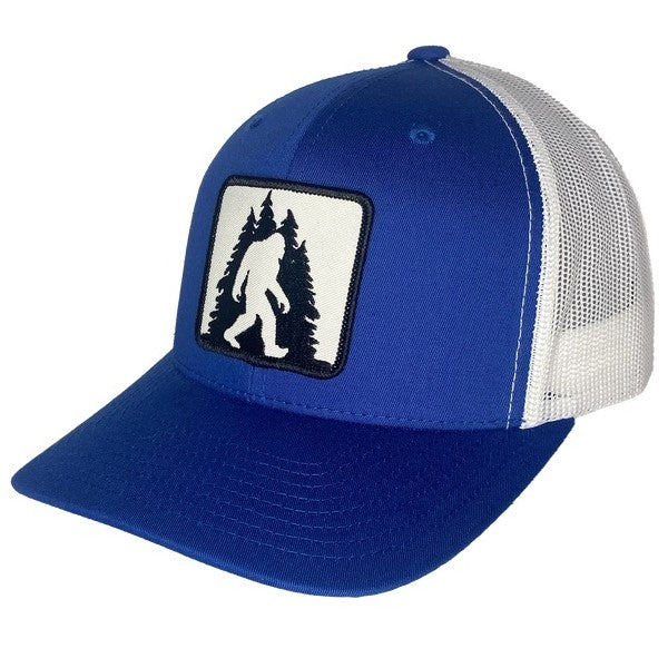 Men's Sasquatch in Trees Patch Curved Bill Trucker Hat, Royal Blue & White