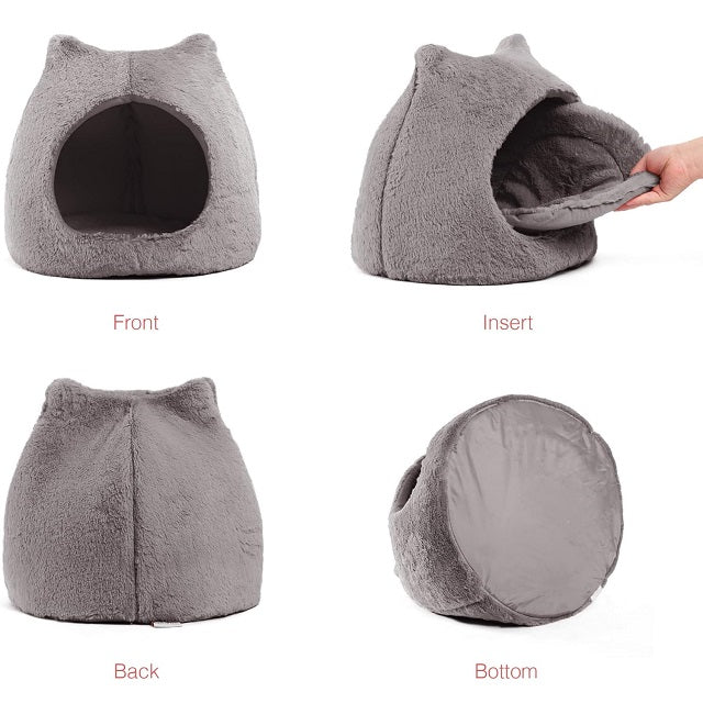 Best Friends by Sheri Vegan Fur Meow Hut Domed Pet Bed, Standard Gray