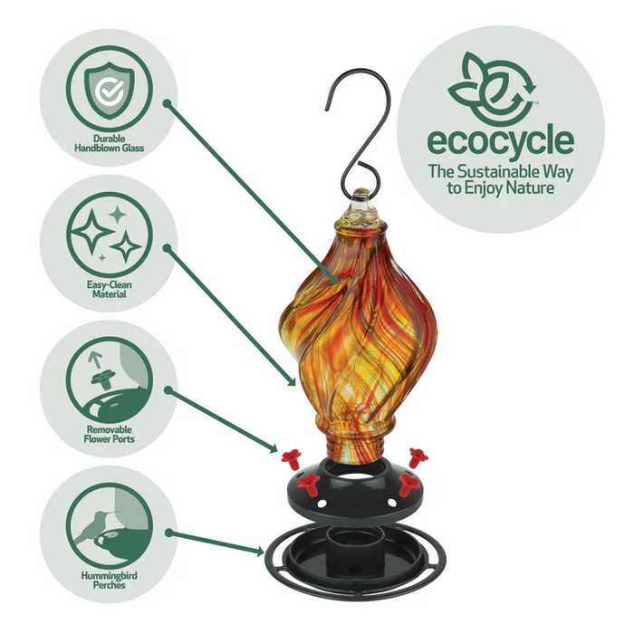 EcoCycle™ Sunburst Sipper Handblown Recycled Glass Hummingbird Feeder
