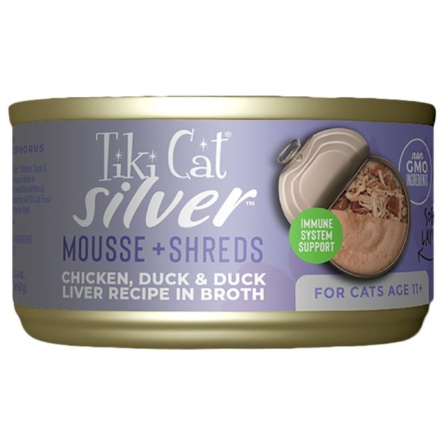 Tiki Cat Silver Mousse & Shreds Chicken, Duck & Duck Liver Wet Senior Cat Food, 2.4-oz Can