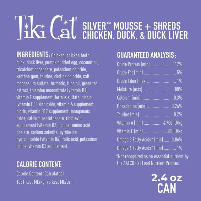 Tiki Cat Silver Mousse & Shreds Chicken, Duck & Duck Liver Wet Senior Cat Food, 2.4-oz Can