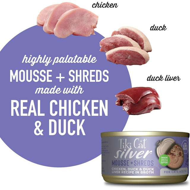 Tiki Cat Silver Mousse & Shreds Chicken, Duck & Duck Liver Wet Senior Cat Food, 2.4-oz Can