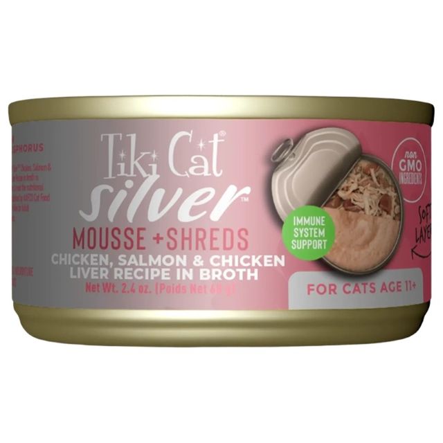 Tiki Cat Silver Mousse & Shreds Chicken, Salmon & Chicken Liver Wet Senior Cat Food, 2.4-oz Can