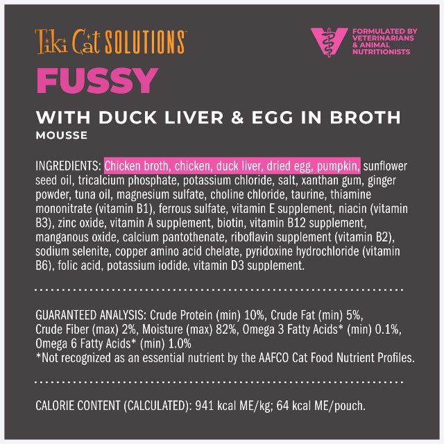 Tiki Cat Solutions Fussy Mousse With Duck Liver & Egg Recipe in Broth Wet Cat Food 2.4oz Pouch