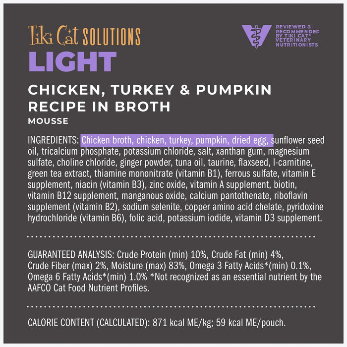 Tiki Cat Solutions Light Mousse Chicken, Turkey & Pumpkin Recipe in Broth Wet Cat Food 2.4oz Pouch