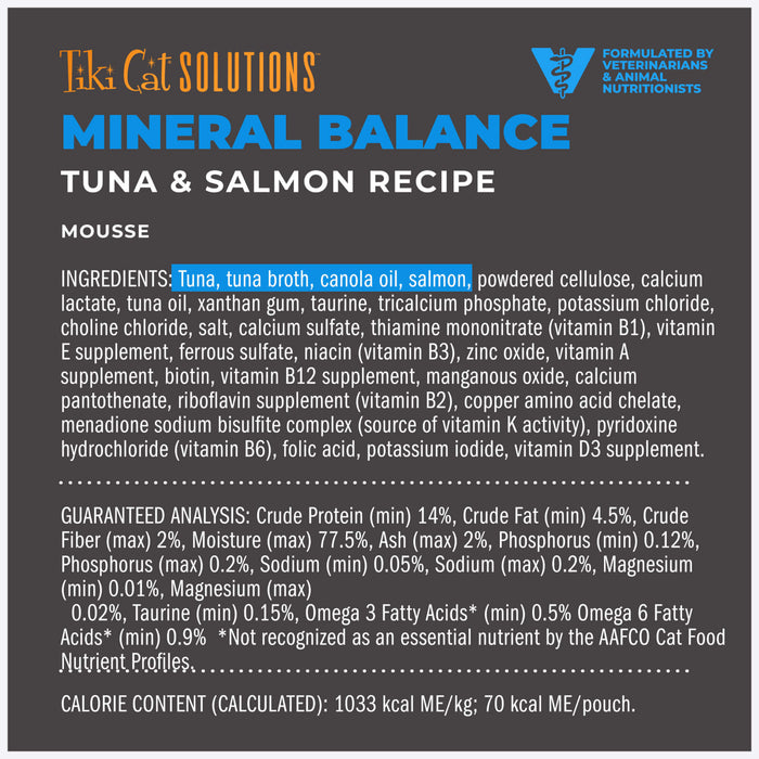 Tiki Cat Solutions Mineral Balance Mousse Tuna & Salmon Recipe Wet Cat Food 2.4oz Pouch