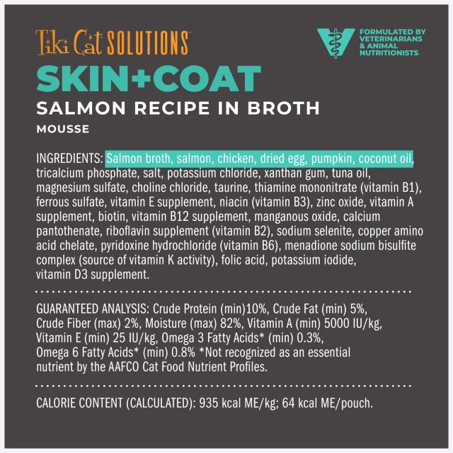 Tiki Cat Solutions Skin & Coat Mousse Salmon Recipe in Broth Wet Cat Food 2.4oz Pouch