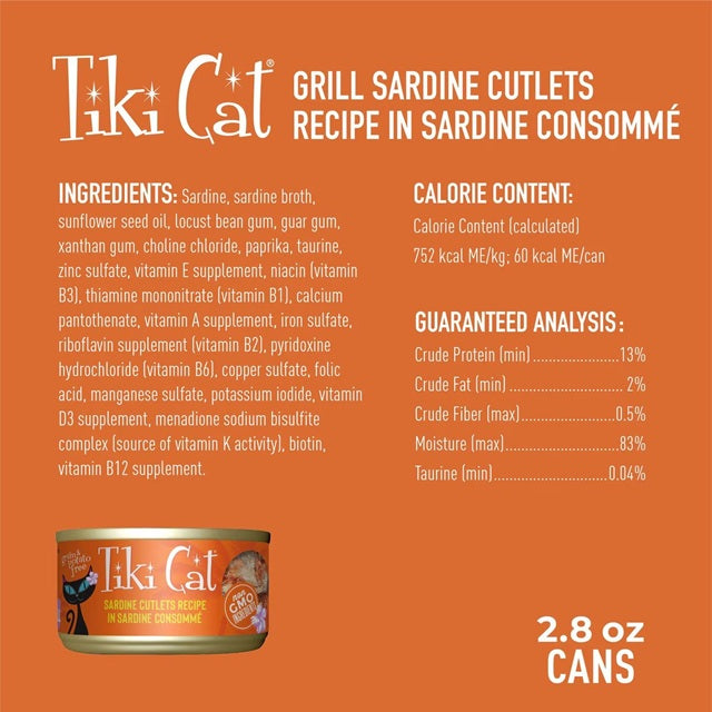 Tiki Cat Tahitian Grill Sardine Cutlets in Sardine Consomme Wet Cat Food, 2.8-oz Can