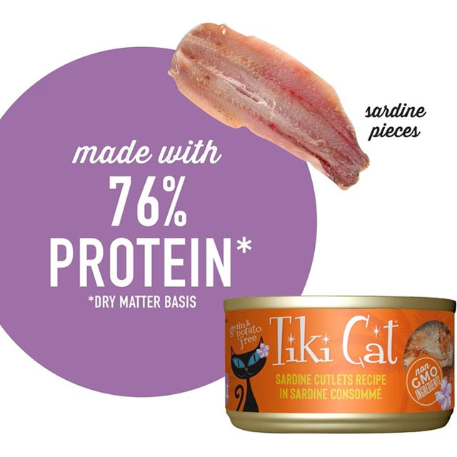 Tiki Cat Tahitian Grill Sardine Cutlets in Sardine Consomme Wet Cat Food, 2.8-oz Can