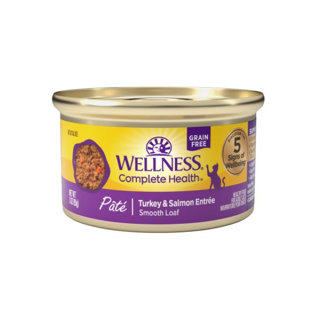 Wellness Complete Health Grain Free Turkey & Salmon Pate Cat Food, 3 oz. Cans-Case of 24