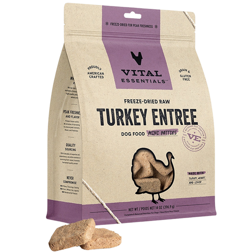 Vital Essentials Freeze-Dried Raw Turkey Entree Mini Patties Dog Food 14-oz
