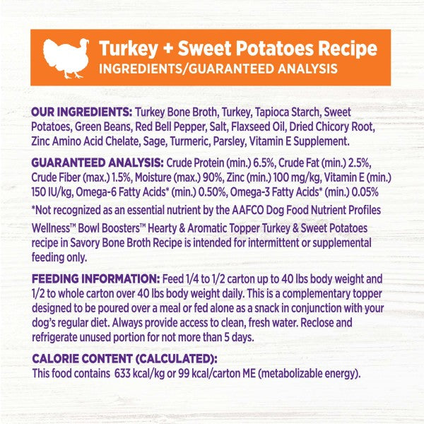 Wellness Bowl Boosters Hearty Toppers Turkey & Sweet Potatoes Recipe in Savory Bone Broth Dog Food Topper