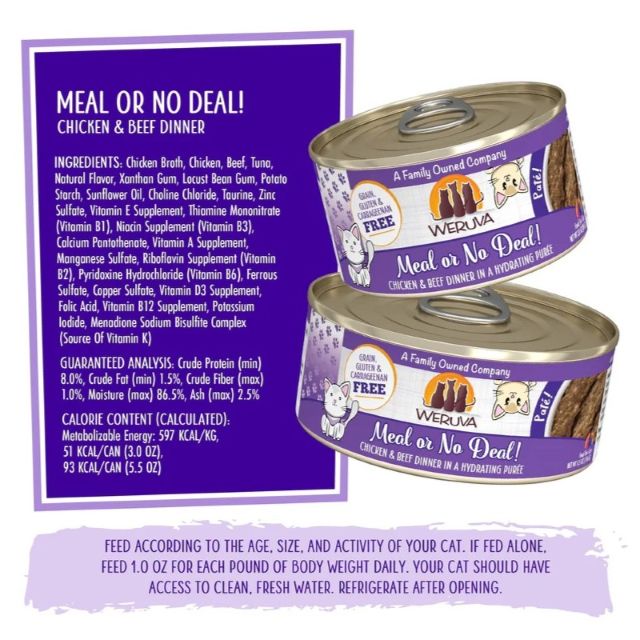 Weruva Pate Meal or No Deal! Chicken & Beef Dinner in a Hydrating Purée Cat Food, 3-oz Can