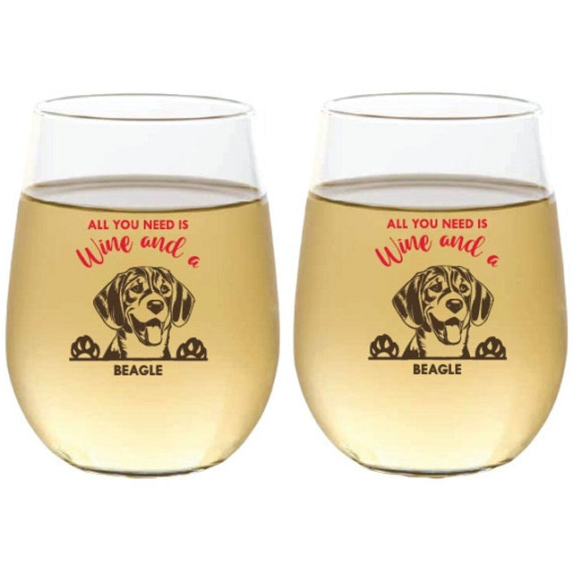 Wine-Oh! 2-Piece Stemless Shatterproof 16 oz. Wine Glasses, Beagle