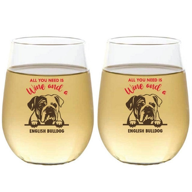 Wine-Oh! 2-Piece Stemless Shatterproof 16 oz. Wine Glasses, English Bulldog