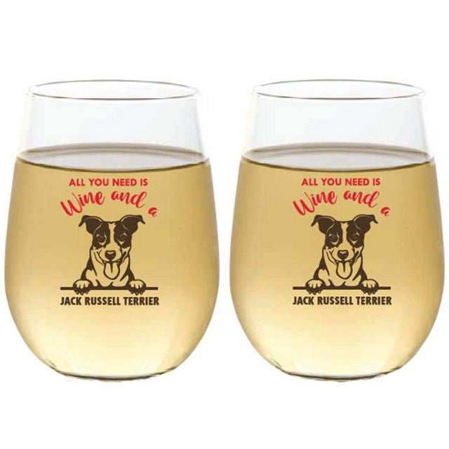 Wine-Oh! 2-Piece Stemless Shatterproof 16 oz. Wine Glasses, Jack Russell Terrier
