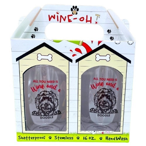 Wine-Oh! 2-Piece Stemless Shatterproof 16 oz. Wine Glasses, English Bulldog