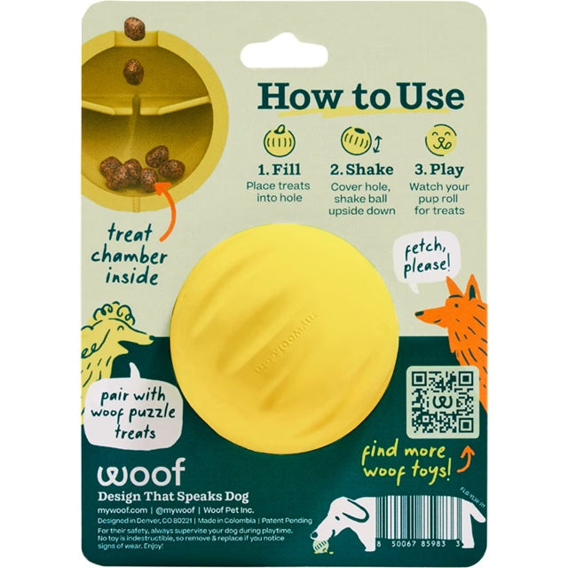 Woof Forager Flyball 2-in-1 Fetch & Puzzle Treat Dog Toy, Yellow