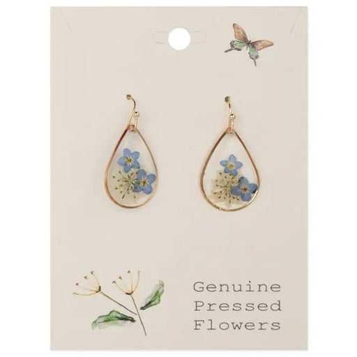Cottage Blue Dried Flower Gold Teardrop Earrings