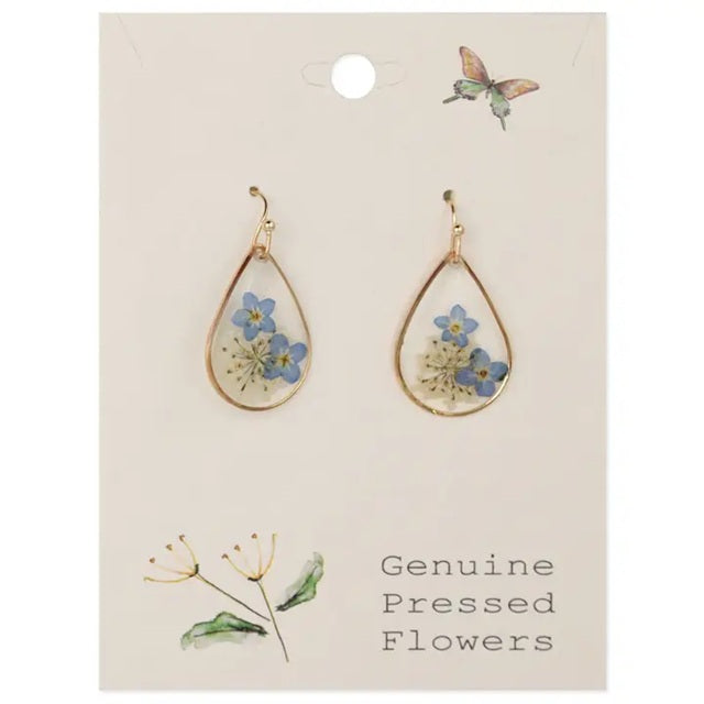 Cottage Blue Dried Flower Gold Teardrop Earrings