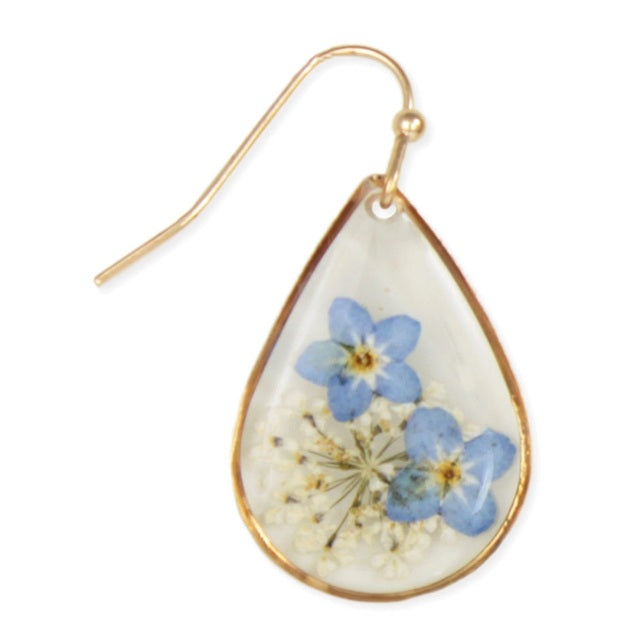 Cottage Blue Dried Flower Gold Teardrop Earrings