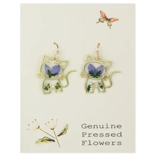 Curious Kitty Gold Blue Dried Flower Earrings